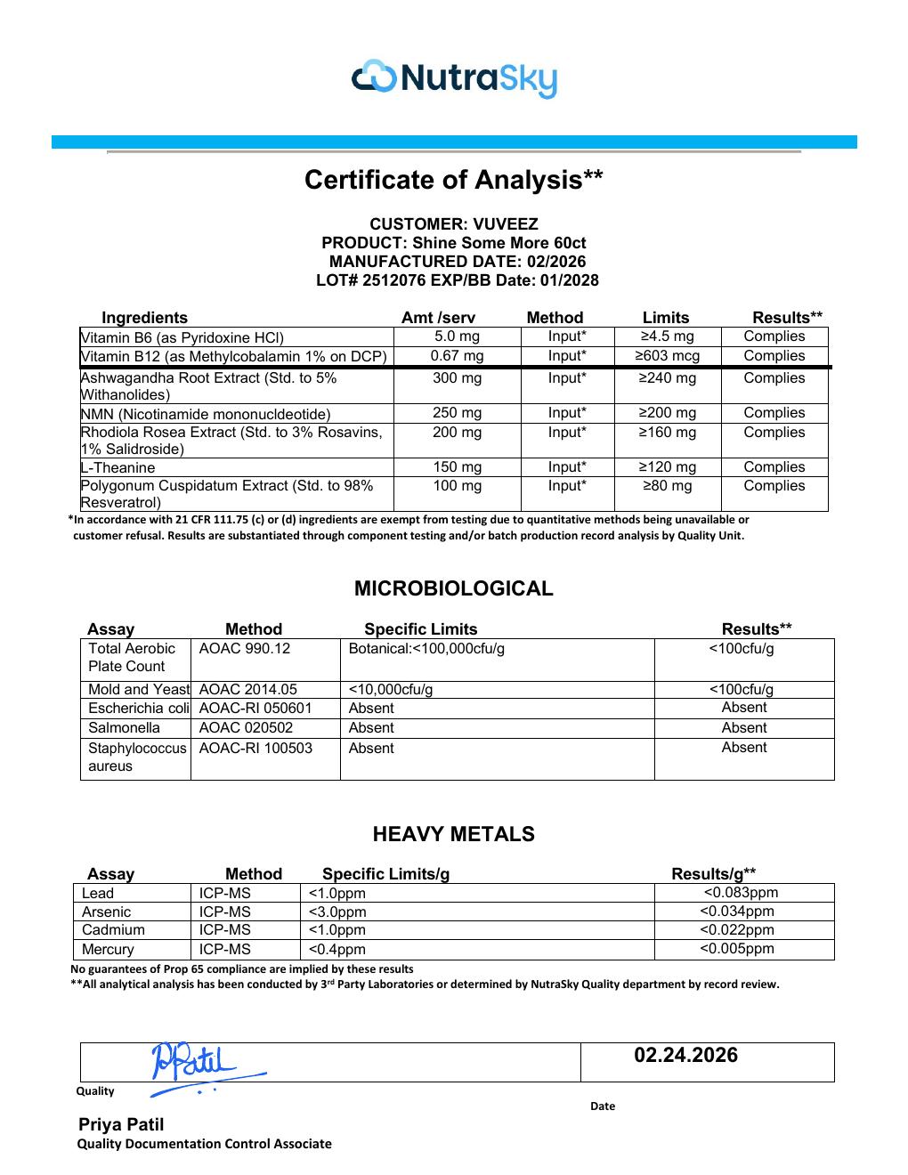 VUVEEZ Certificate of Analysis preview