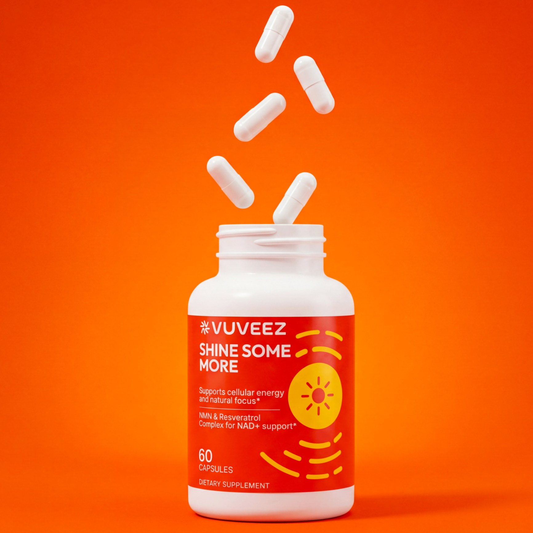 VUVEEZ Shine Some More NMN supplement bottle with capsules